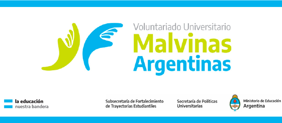 Dibujo de dos manos con vista lateral que simbolizan las islas Malvinas en celeste y amarillo limón. Texto que dice Voluntariado Universitario Malvinas Argentinas. En la línea inferior se ve el slogan "la educación nuestra bandera" al lado de una bandera argentina .