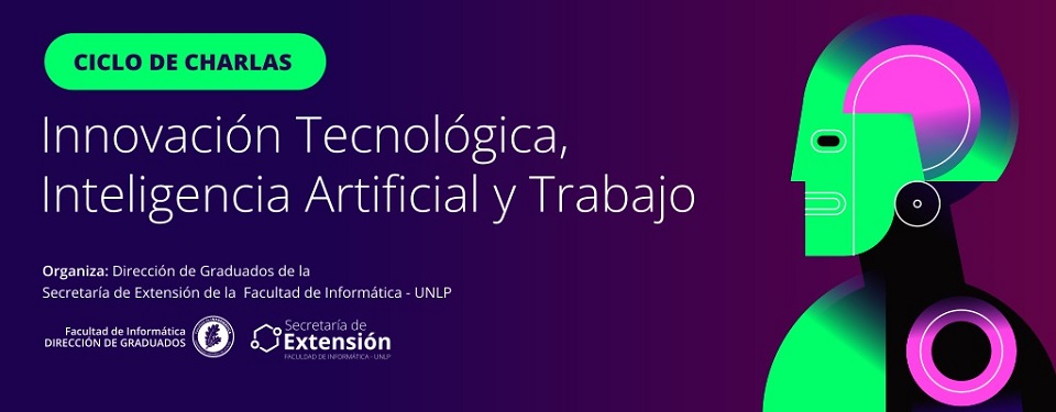 Perfil de robot en colores verdes, azules y fucsia sobre fondo azul oscuro. Representa la Inteligencia Artificial y la Innovación Tecnológica